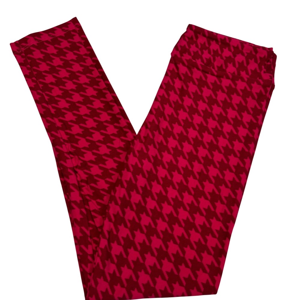 LuLaRoe Girls Leggings L/XL Red Pink Houndstooth Plaid Kids Size 7-12 NWT